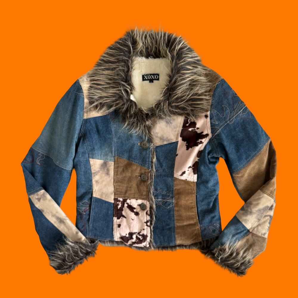 00's vintage patchwork denim cow print faux fur penny lane y2k jacket LARGE xoxo